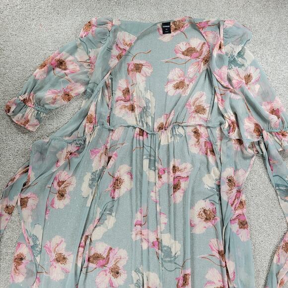 Express Wrap Dress Womens S/M Green Floral Watercolor Sheer Tiered Long Maxi - Picture 15 of 16